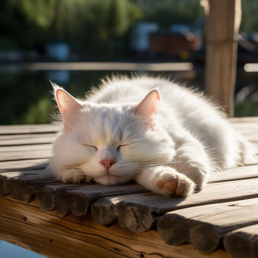 White cat lying on a dock