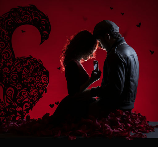 Valentine's Day images for girlfriend, silhouette style, black and white, romantic gestures, dark indigo and maroon