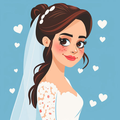 Bride in wedding party on blue background with hearts