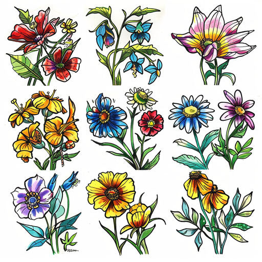 Collection of wildflower tattoos in stained glass art style
