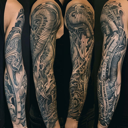 Intricate biomechanical sleeve tattoo design