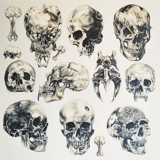 Macabre collection of skulls and bones, eerie tattoo art on white