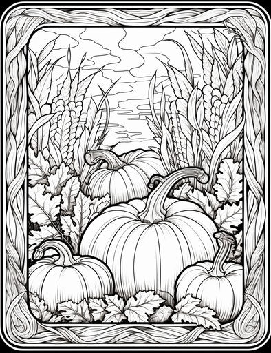 Coloring page with pumpkins and corn, ILFORD SFX style
