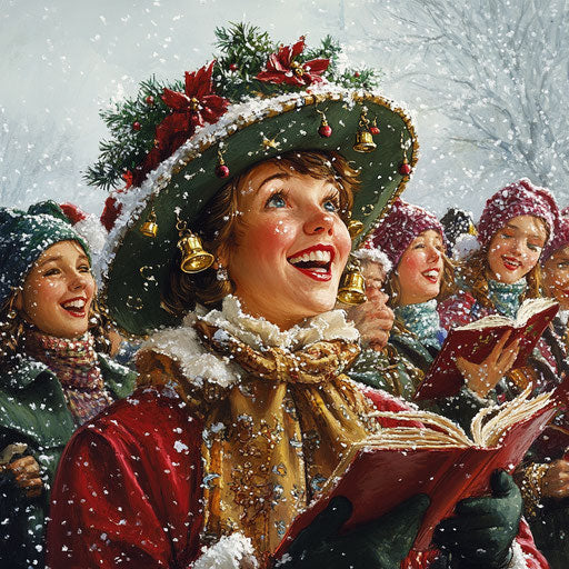Festive hat filled with jingle bells worn by a cheerful singer leading a group of carolers