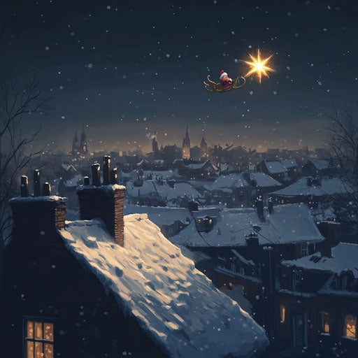 Snowy rooftop with silhouette of Santa and his sleigh