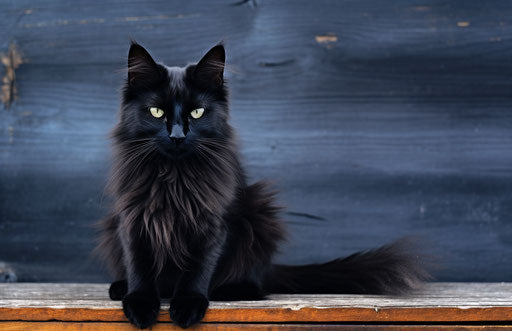 Black cat on wooden deck, light indigo and dark amber style
