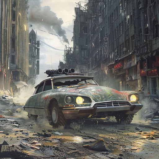 Armored Citroen DS 20 with weapons in ruined cityscape