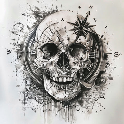 Skull with compass and map, symbolizing guidance and exploration