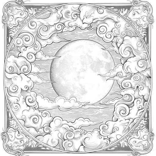 Crescent moon surrounded by clouds. Coloring book page