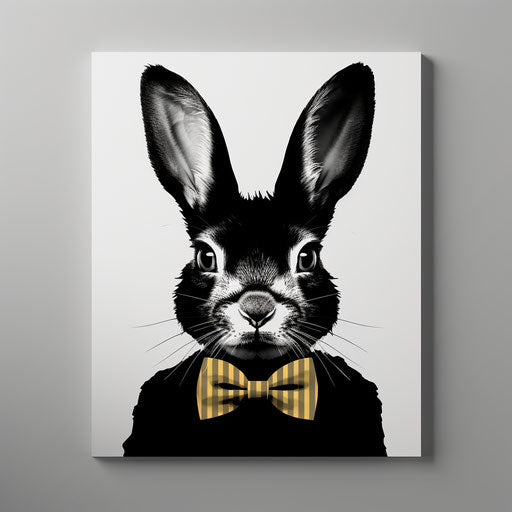 Black rabbit head with bow tie poster, tasteful use of negative space, metalcore, cryptopunk, matte photo, rug