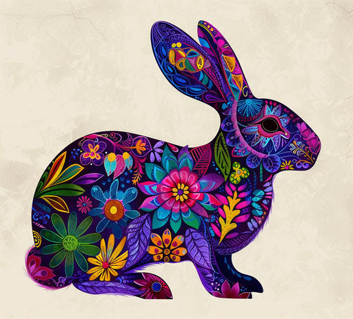 Bunny with colorful flowers, linear patterns, indigenous art