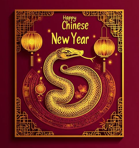 Colorful paper-cut snake with lanterns and firecrackers, festive