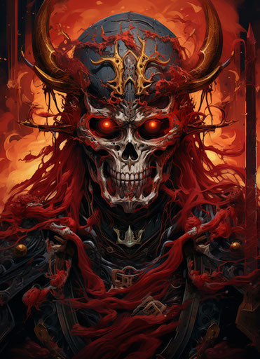 Masamune samurai in armor, holding two swords, in dark red and orange dystopian cartoon style, dragoncore, bold, colorful, skeletal, 500–1000 ce, detailed facial features