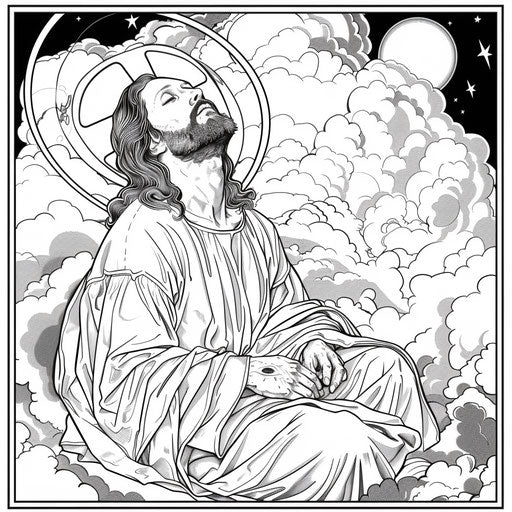 A whimsical depiction of Jesus in a celestial setting. Coloring book page