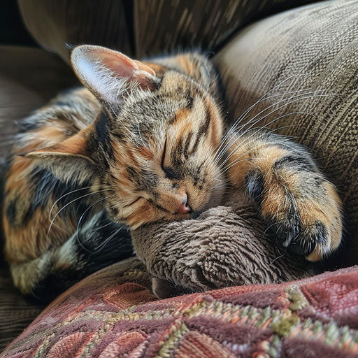 Tortoise cat asleep on a couch