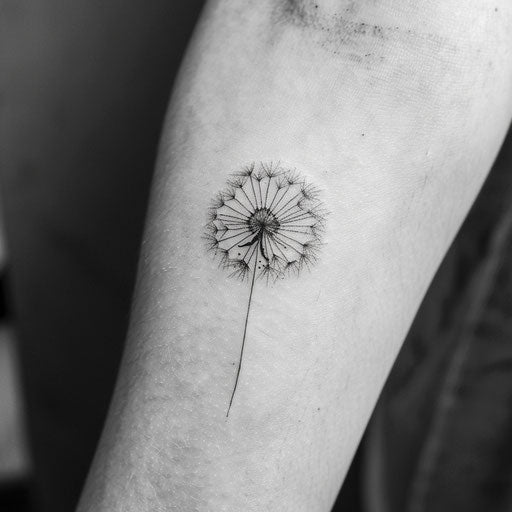 Minimalist dandelion tattoo design in black ink on white