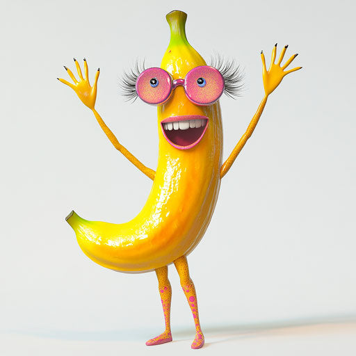 Humorous caricature of a banana caricature clipart with human characteristics, exaggerated thick eyelashes, thin arms, neon colors, vibrant colors, cartoon style, waving, high-resolution, no background, isolated -c 40