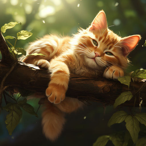 Orange cat lying on a tree branch