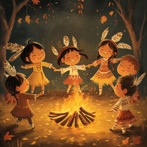 Children in pilgrim and Native American costumes dancing around Thanksgiving bonfire