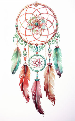 Watercolor dream catcher with feathers in light maroon and emerald