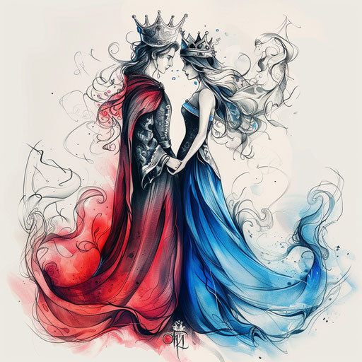 Romantic tattoo sketch of a king and queen holding hands