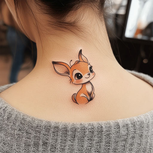 Small neck tattoos inspired by Humberto Ramos with a playful cartoon animal
