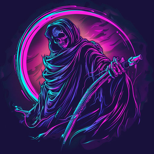 Neon-themed tattoo sketch of a reaper death seal, blending bright colors with modern clipart style