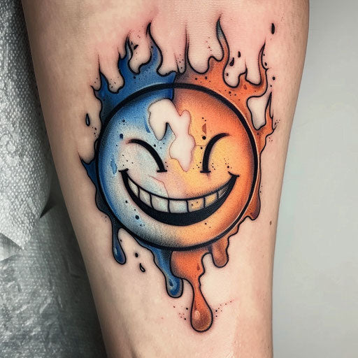 Smiley face tattoo with fire and ice themes