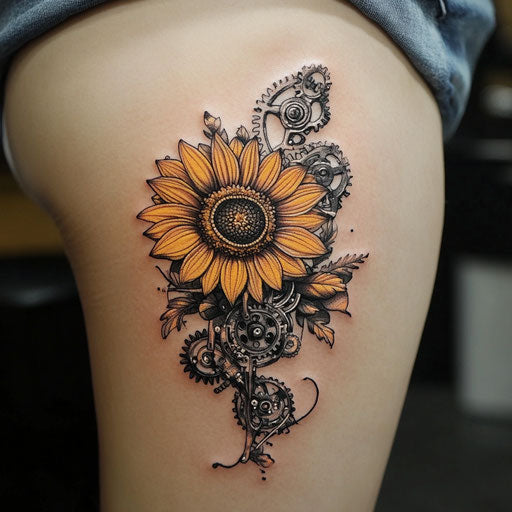 Sunflower tattoo with mechanical gears and steampunk elements