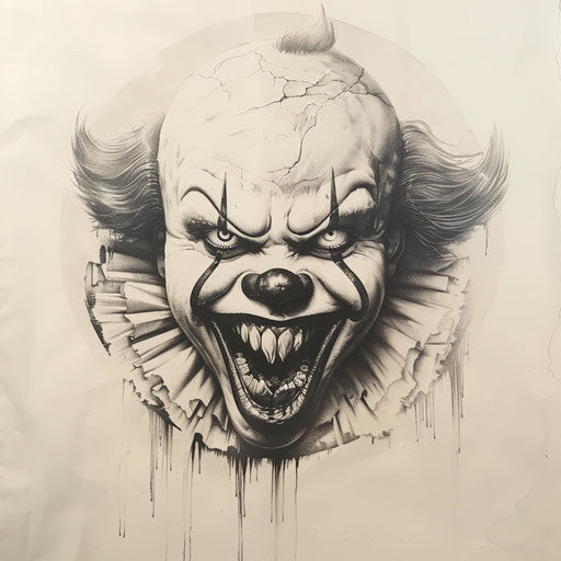 Menacing clown face with sharp teeth, horror tattoo on white canvas