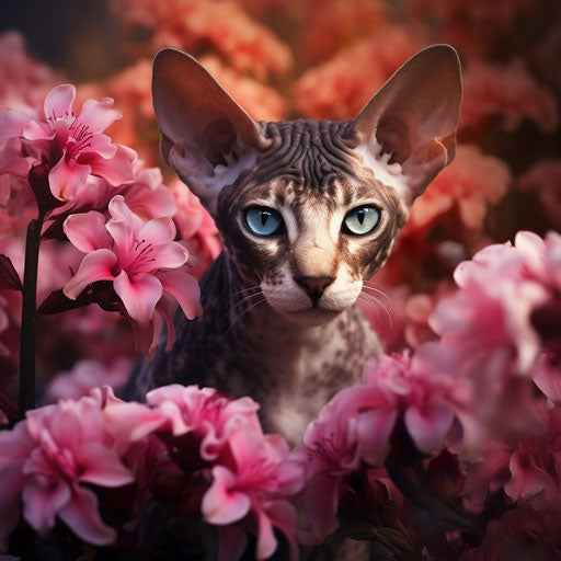 Cornish Rex cat in a flower bed with beautiful flowers