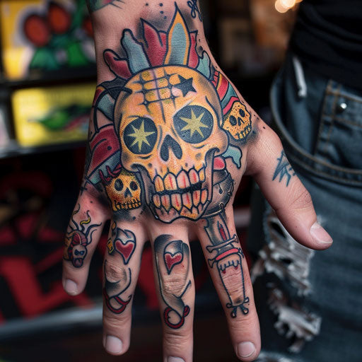 Skull hand tattoo in the style of Steve Sack featuring humorous characters
