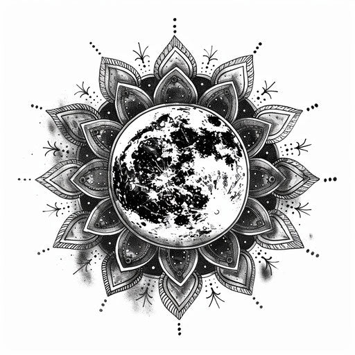 Moon and star mandala tattoo design on white background