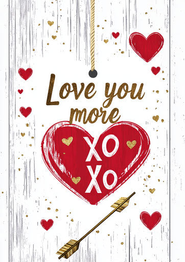 Valentine's Day sign with heart, wood texture, white background and golden letters 'Love you more' and an arrow on the bottom with gold foil, red wooden hanging heart shaped sign, white and red colors, cute style, with hearts and 'XO XO', glitter details