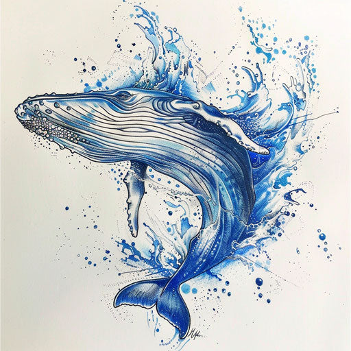 Dynamic tattoo sketch of a whale breach, with splashing water effects in vivid blues