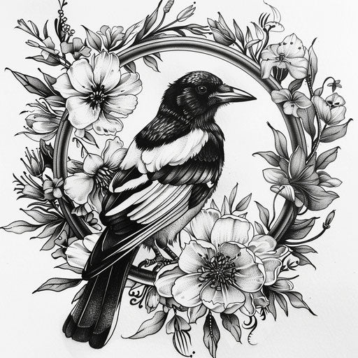 Complex flat tattoo sketch with a magpie surrounded by an ornate floral wreath
