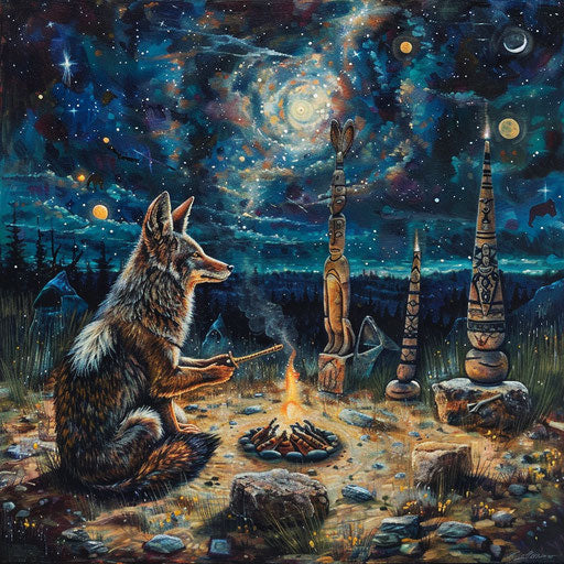 Sacred ritual under starry sky, coyote shaman and totems