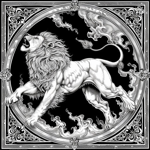 Circus lion jumping through a fiery hoop