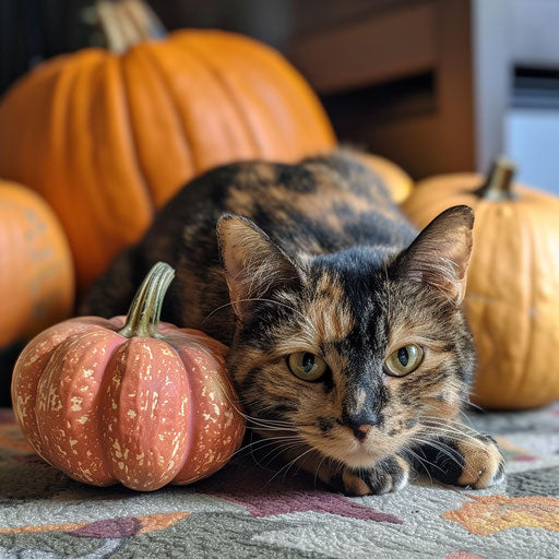 Tortoise cat resting with pumpkins