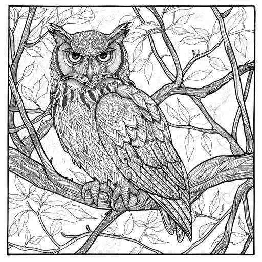Elaborate design of a majestic owl perched on a tree branch.