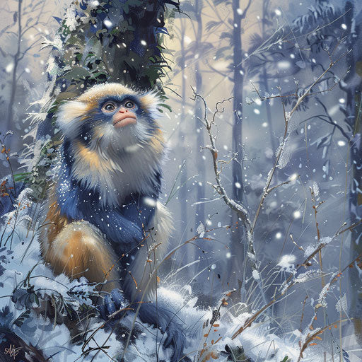 Unique monkey watches snow fall in silent forest