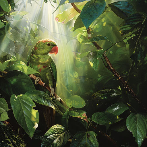Swift parrot hidden among vibrant green leaves in a rainforest