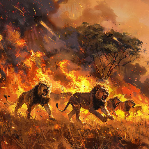 Lions traversing savanna's wildfire