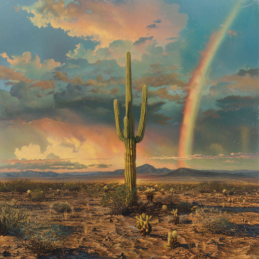 Cactus under a rainbow in the desert