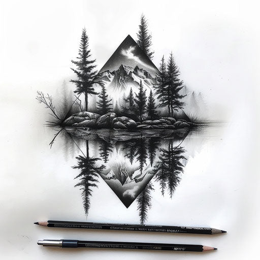 Hyper-realistic triangle tattoo drawing with mirrored lake