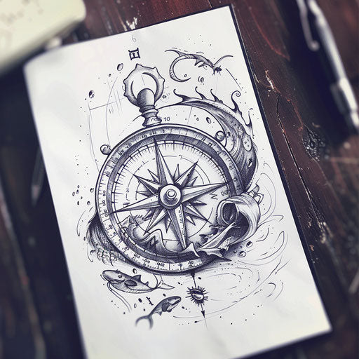 Sketch of a nautical compass with intricate patterns on canvas