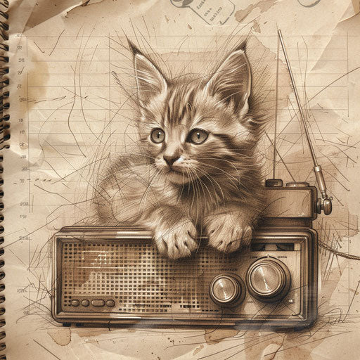 Nostalgic sketch of a cat next to a vintage radio