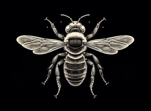 Honey bee design in vector drawing, detailed ink illustration style, woodcut-inspired graphics, precisionist lines, detailed sci-fi illustration, dark white and light black, hand-drawn animation, tattoo-inspired