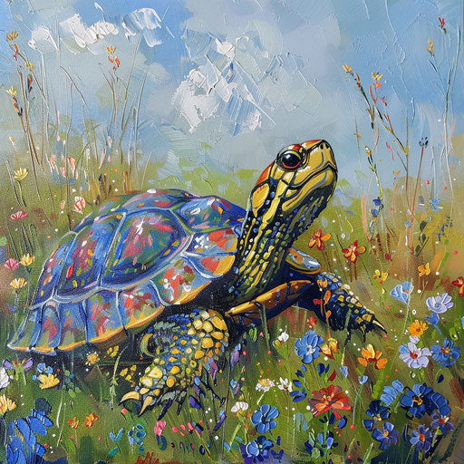 Curious yellow spotted turtle exploring a colorful meadow