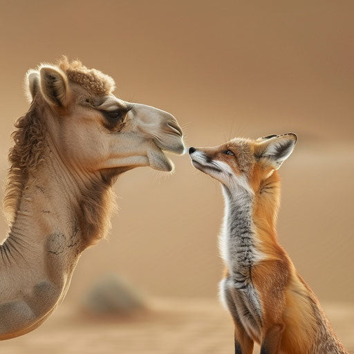 Curious interaction of a camel with a desert fox